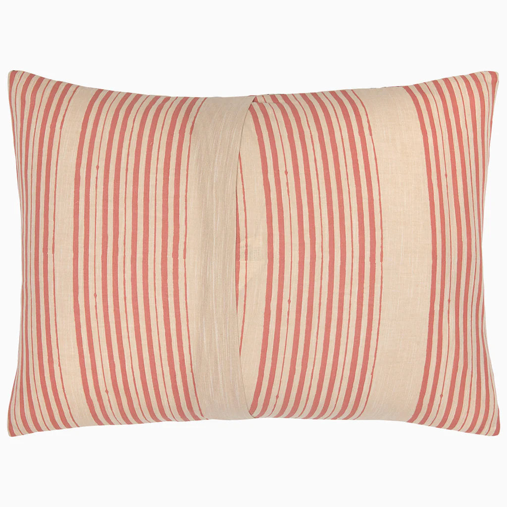 Striped pillow with red and beige pattern on a white background