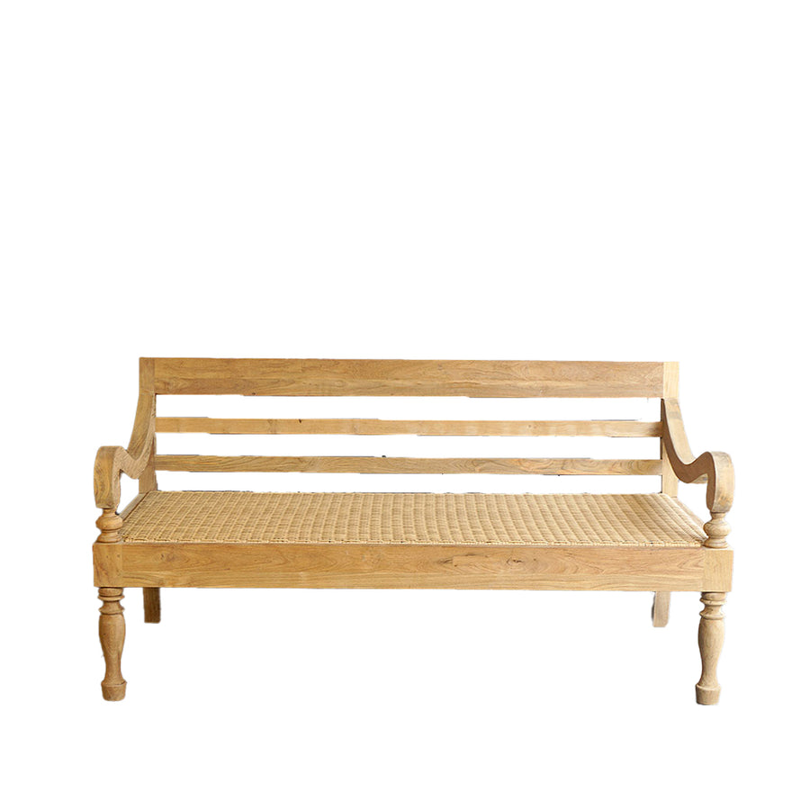 Wooden bench with woven seat on a white background