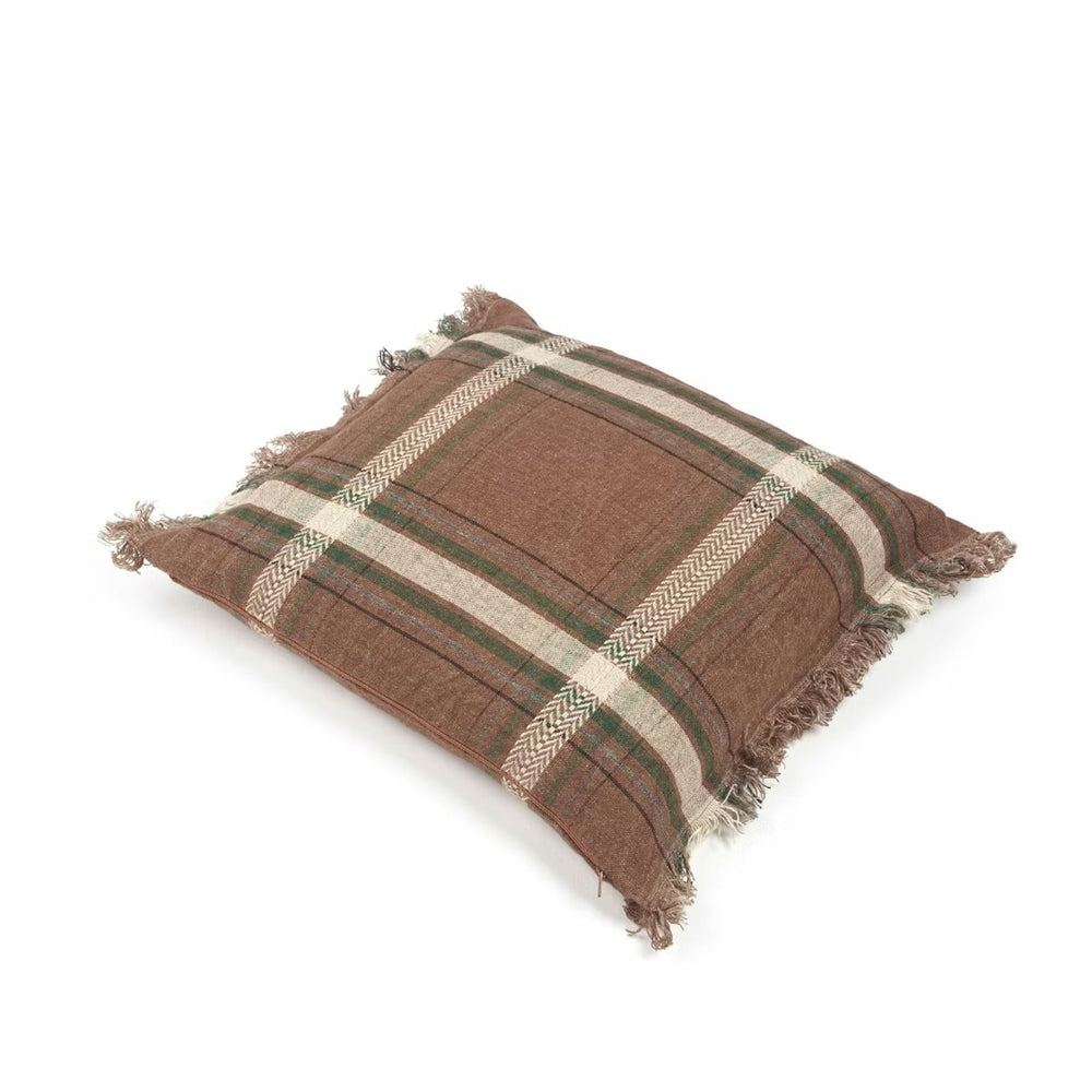 Plaid pillow with brown, beige, and green colors on a white background