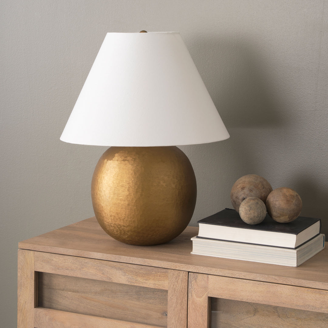 Sadiyah Table Lamp In Antiqued Gold Brushed Metal with Cream Shade