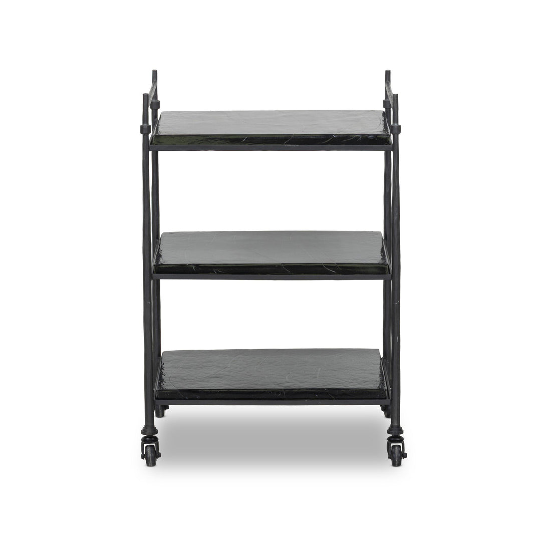 Black metal serving cart with three shelves on a white background
