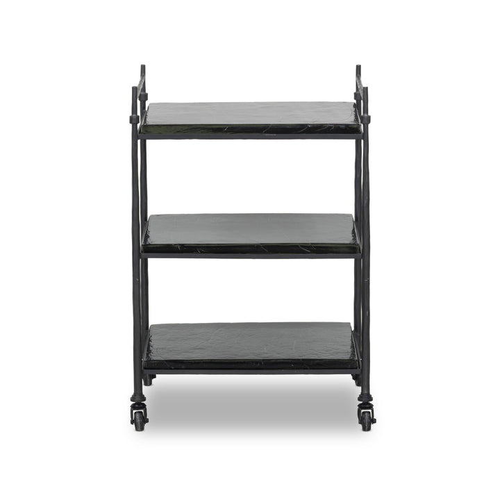 Black metal serving cart with three shelves on a white background
