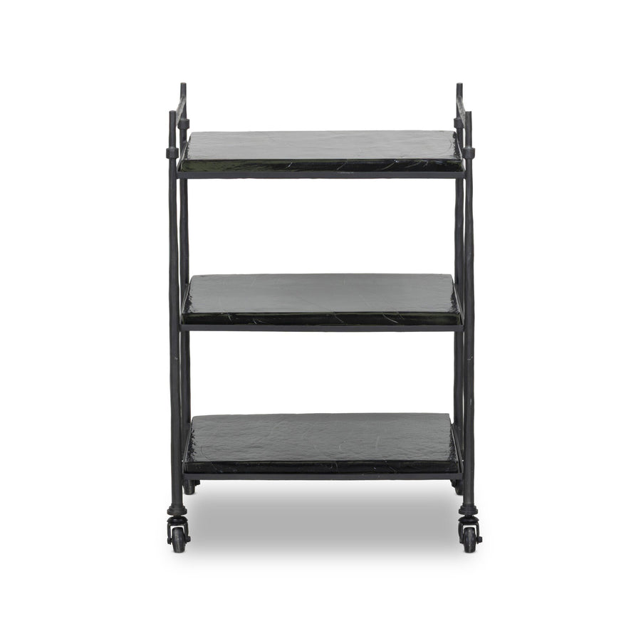 Black metal serving cart with three shelves on a white background