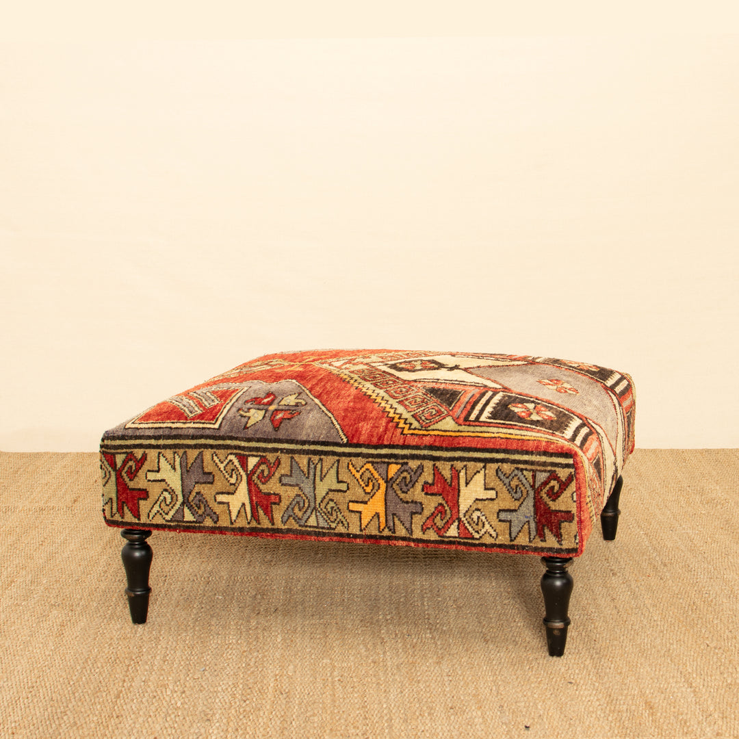 Vintage Square Rug Ottoman w/ Black Turned Legs 39x39 (1024-D)