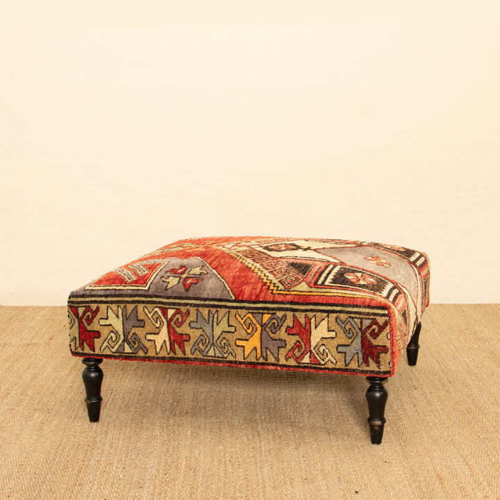 Vintage Square Rug Ottoman w/ Black Turned Legs 39x39 (1024-D)