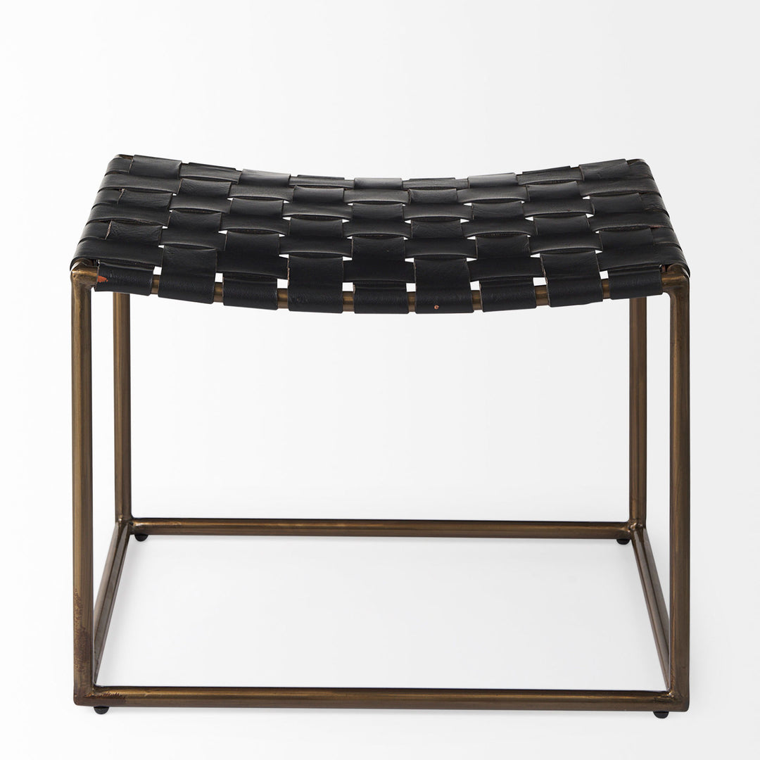 Callum Black Leather Woven Stool with Gold Metal Frame