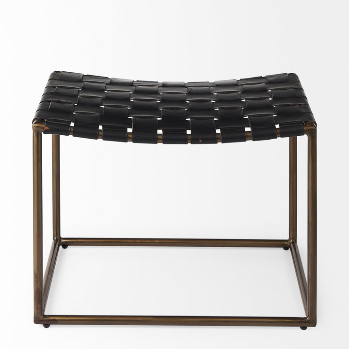 Callum Black Leather Woven Stool with Gold Metal Frame