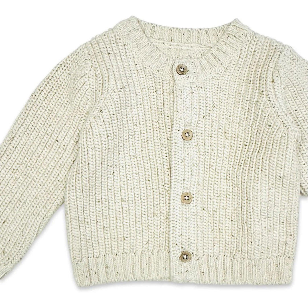 Classic Chunky Knit Button Sweater Cardigan in Speckled Linen 12-18M