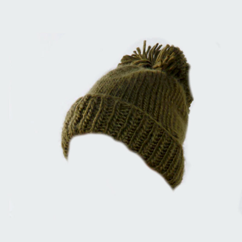 Hand Knitted Pompom Hat - Olive