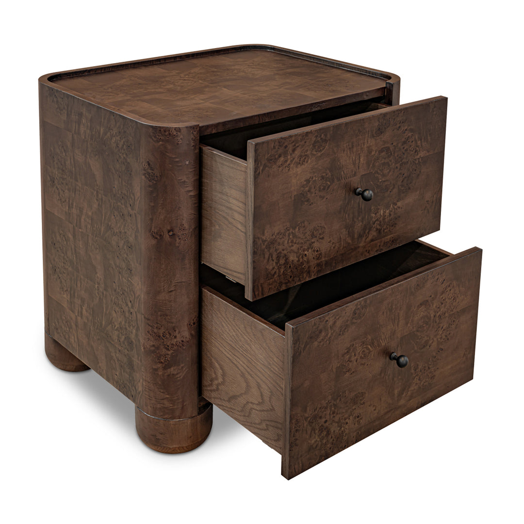 Wooden nightstand with two drawers on a white background
