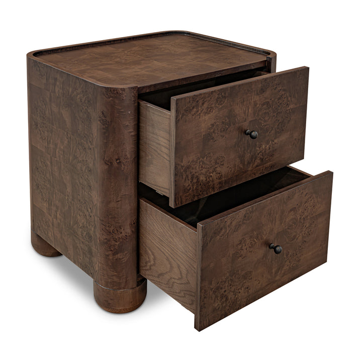 Wooden nightstand with two drawers on a white background