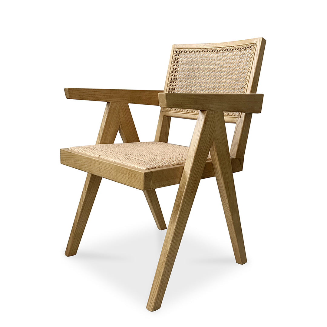 Wooden chair with woven backrest and seat on a white background