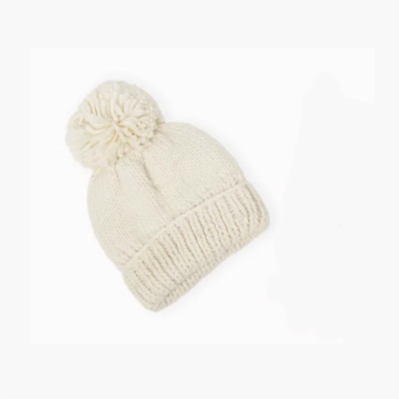 Hand Knitted Pompom Hat - Ivory
