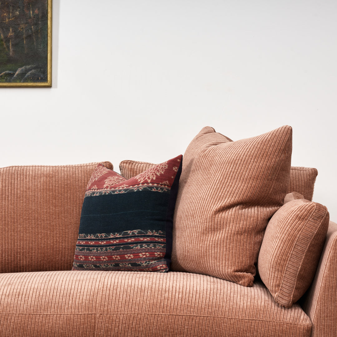 Sectional: Boden Right Seated Cuddler End Upholstered in Heavy Duty Rustic Terracotta with Cloud Standard Cushion and Chocolate Leg Finish....AND... Boden Left-Seated 2-Seat Bench Sofa End Upholstered in Heavy Duty Rustic Terracotta with Cloud Standard Cushion and Chocolate Leg