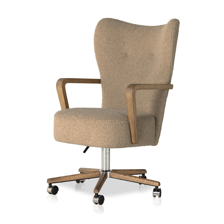 Beige office chair with wooden armrests and wheels on a white background