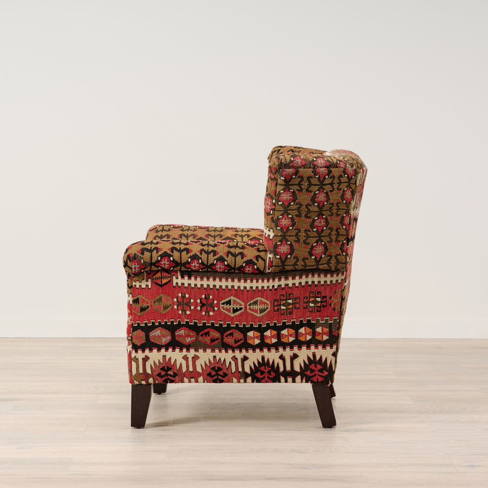Wing Chair Upholstered in Vintage Geometric Kilim A