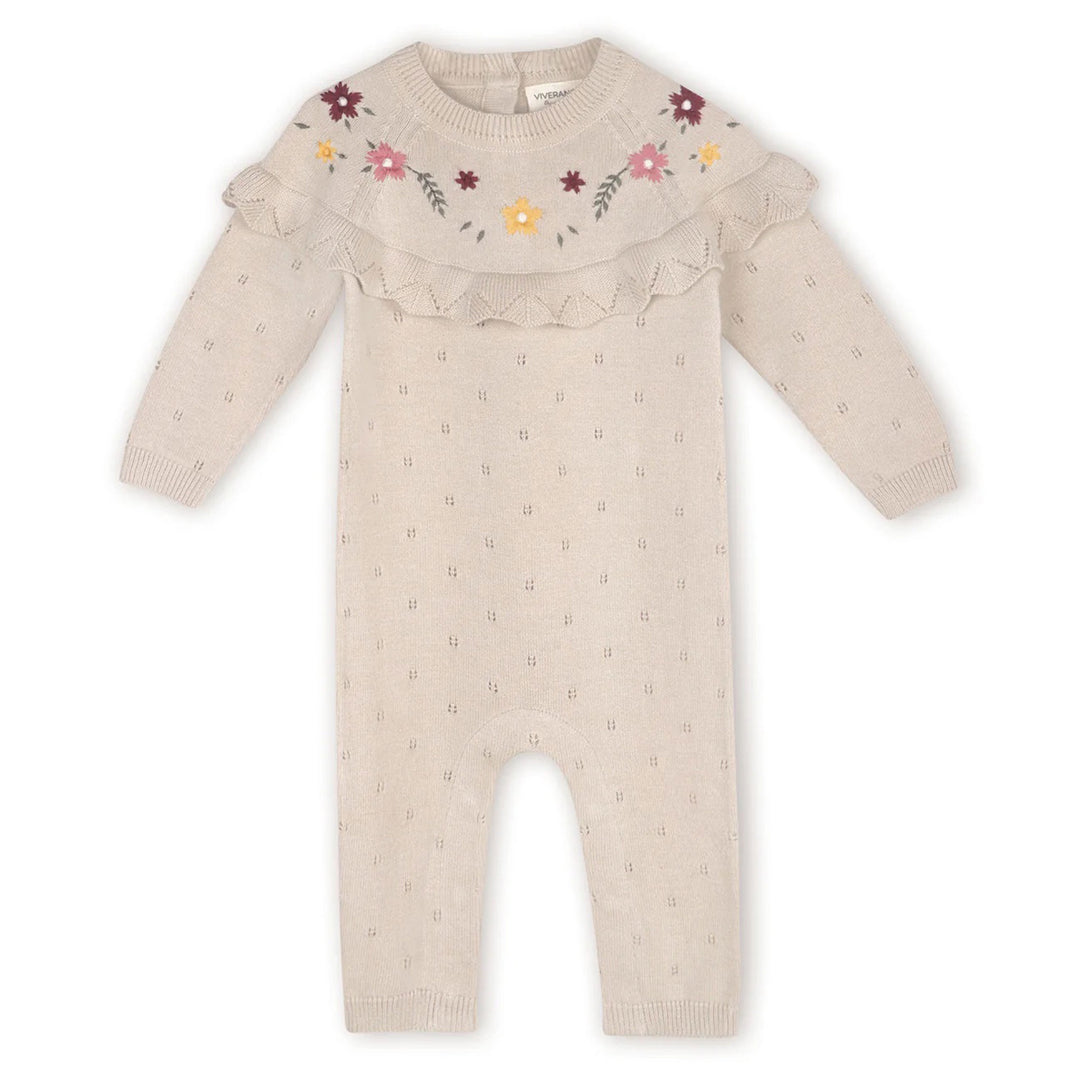 Florence Floral Embroidered Pointelle Ruffle Baby Jumpsuit in Stone 3-6M