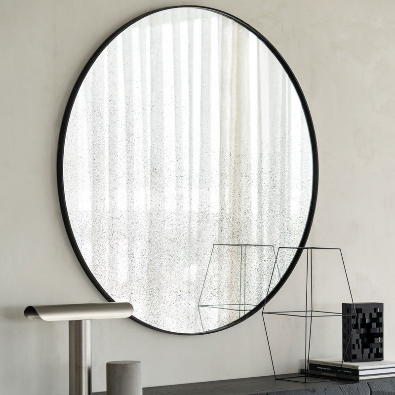 Round Medium Aged Wall Mirror with Wooden Frame (48")