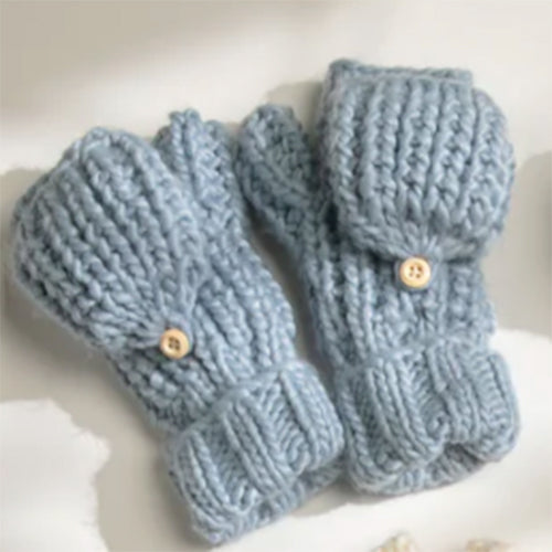 Hand Knitted Flip Mitten Gloves in Dusky Blue