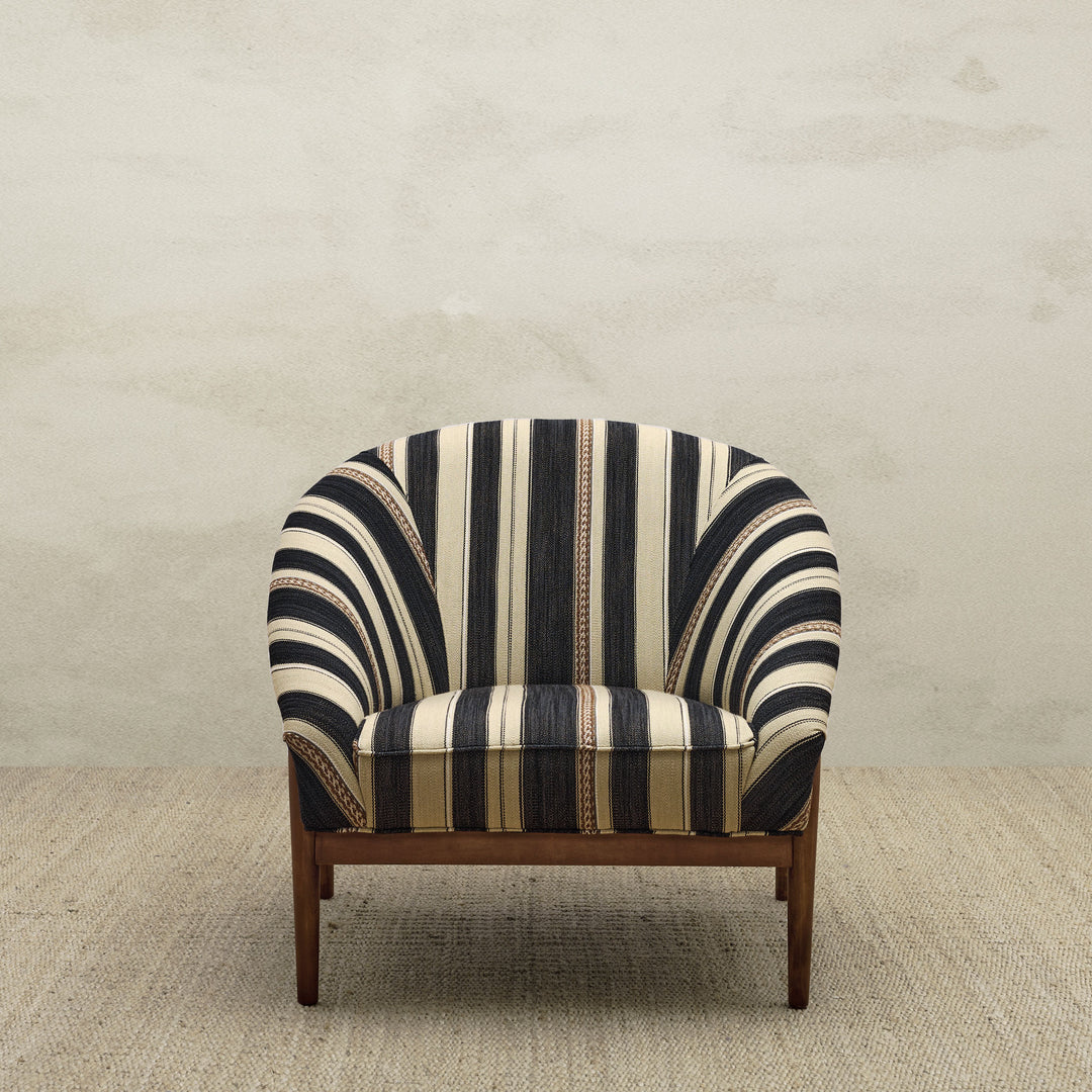 Rose Chair Upholstered in Kravet Fabric Entoto Stripe Ebony and Cocoa with Walnut Finish