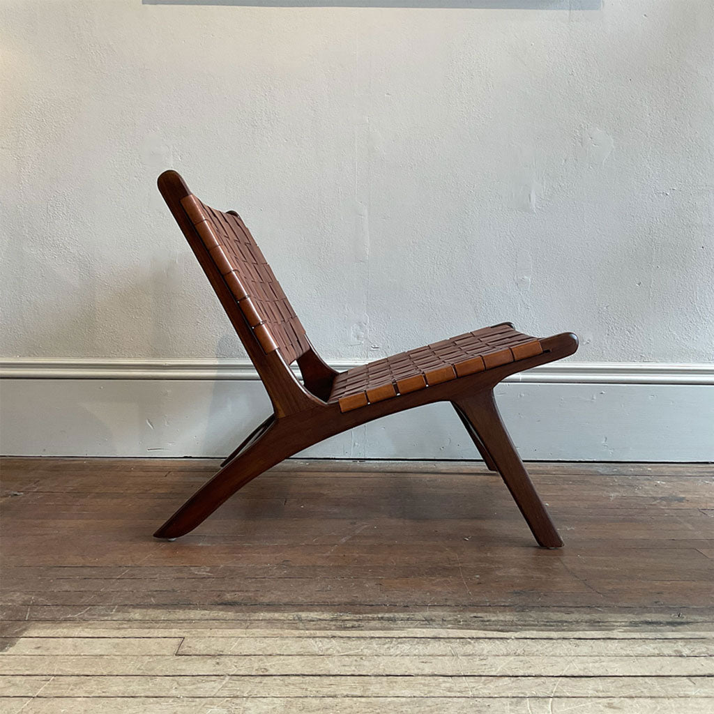 Iris Teak and Leather Chair - Woven Brown Leather