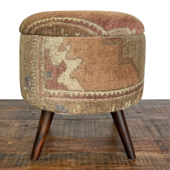 Vintage Small Round Rug Ottoman (1124-Y)