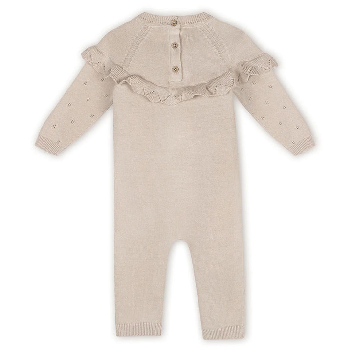 Florence Floral Embroidered Pointelle Ruffle Baby Jumpsuit in Stone 3-6M