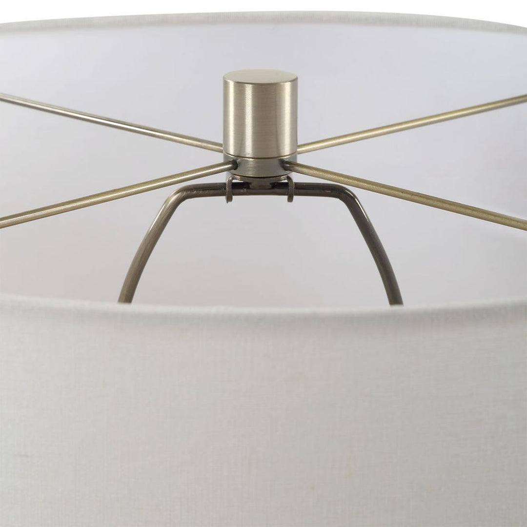 Close-up of a lamp with metallic base and clear glass shade on a white background