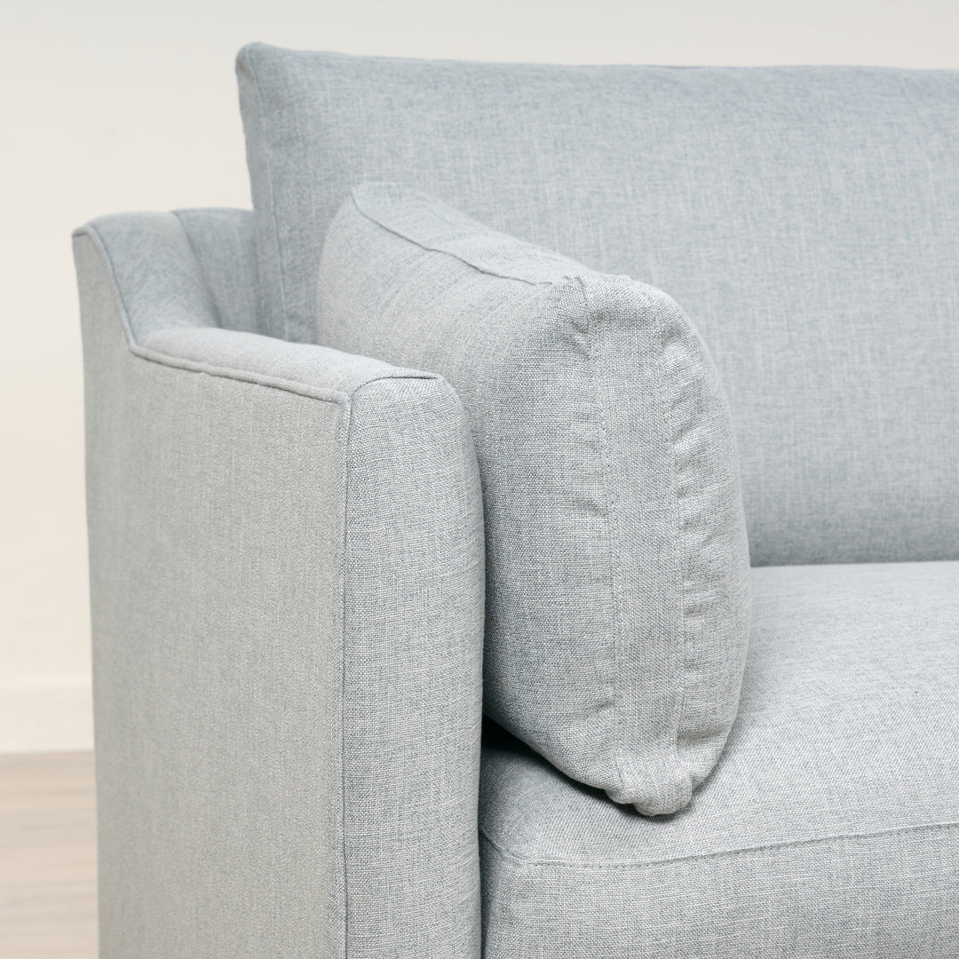 Holloway 90" Sofa  Upholstered in Kidproof Ice Blue with Tapered Leg in Chocolate Finish and Brass Caster with Cloud Down Standard Cushion