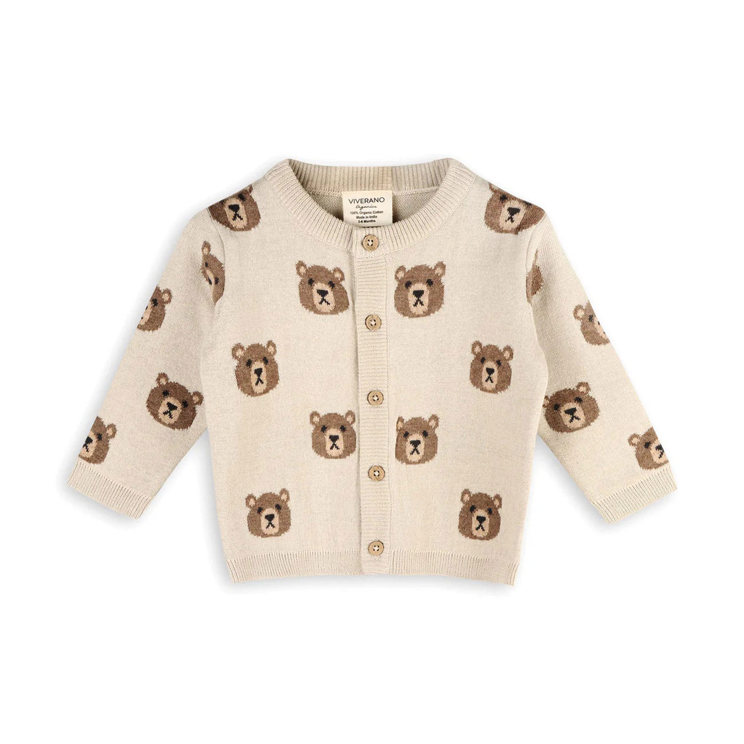 Brown Bear Jacquard Button Cardigan Baby Sweater in Stone 6-12M