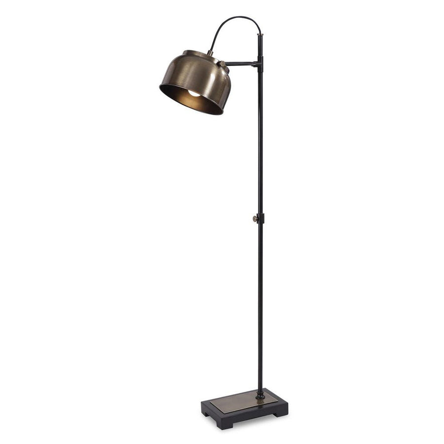 Floor lamp with adjustable arm and metallic shade on a white background