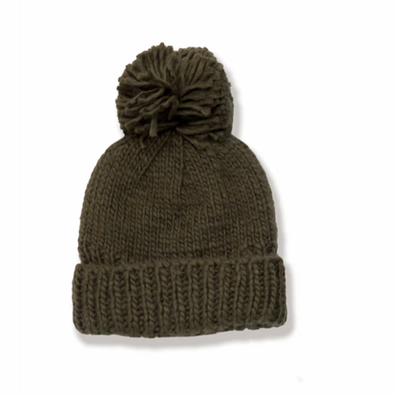 Hand Knitted Pompom Hat - Olive