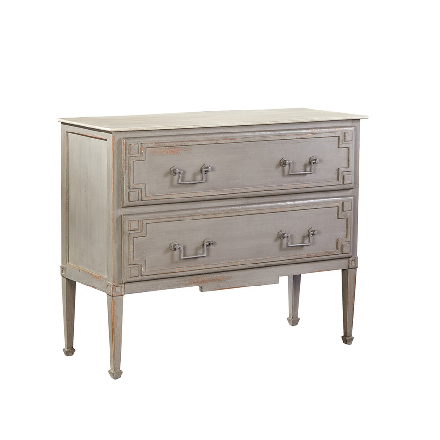 Gray dresser with two drawers on a white background