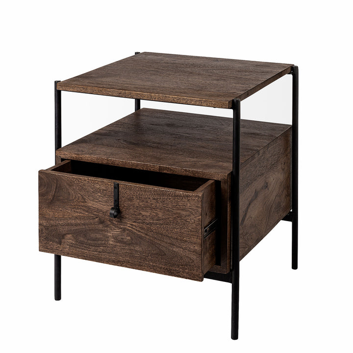 Grier Square Side table with Dark Brown Wood Frame and Black Iron Accents