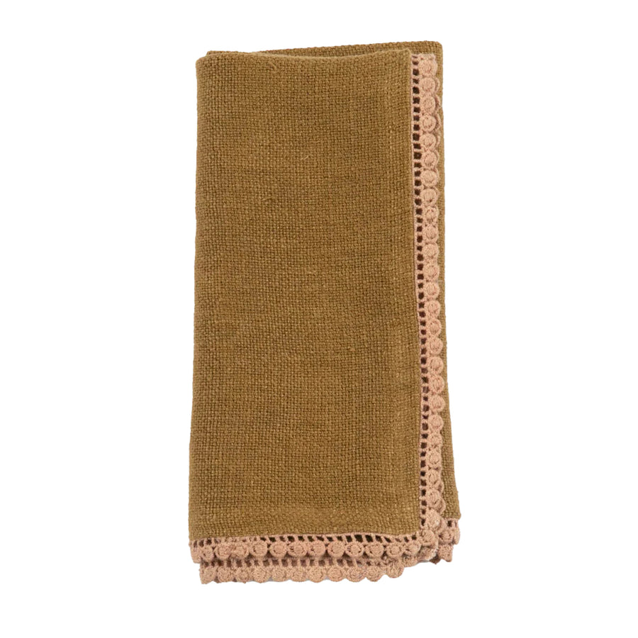 Brown textured napkin with lace trim on a white background