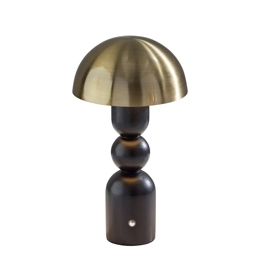 Table lamp with brass top and black base on a white background