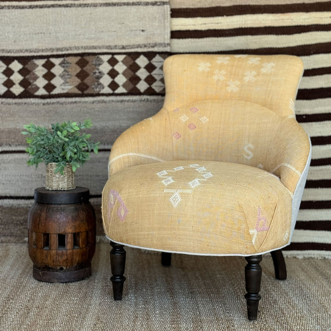 Clara Chair Upholstered in One of a Kind Yellow Kilim Fabric by Cisco Home