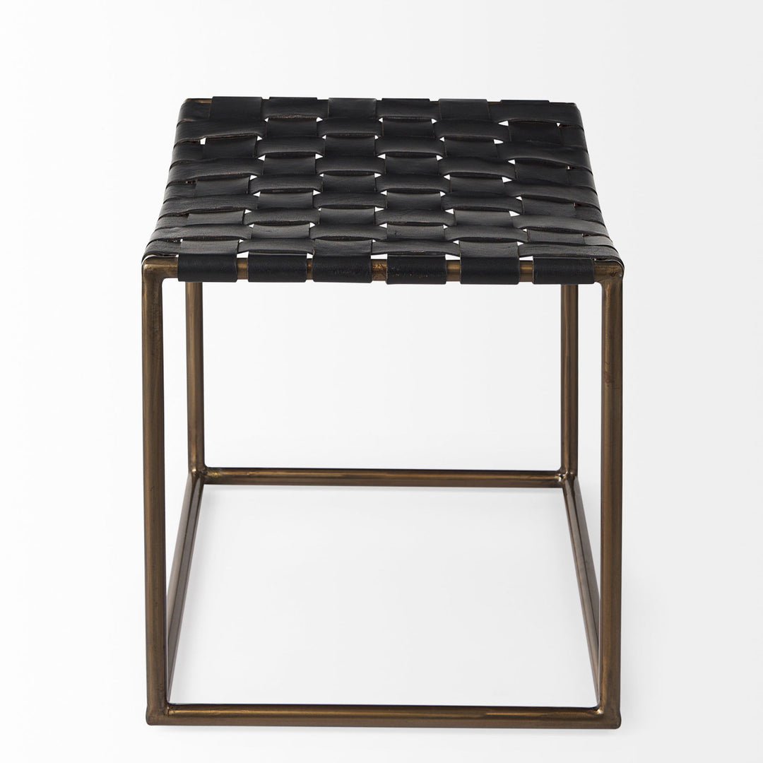 Callum Black Leather Woven Stool with Gold Metal Frame