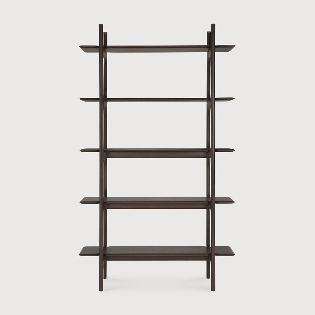 Dark wooden bookshelf with multiple shelves on a white background
