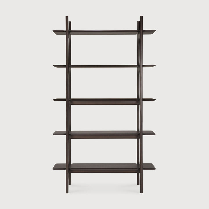 Dark wooden bookshelf with multiple shelves on a white background