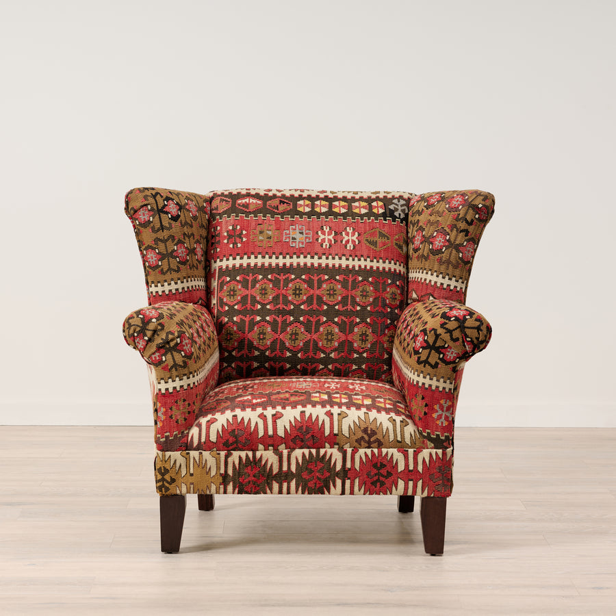 Wing Chair Upholstered in Vintage Geometric Kilim A