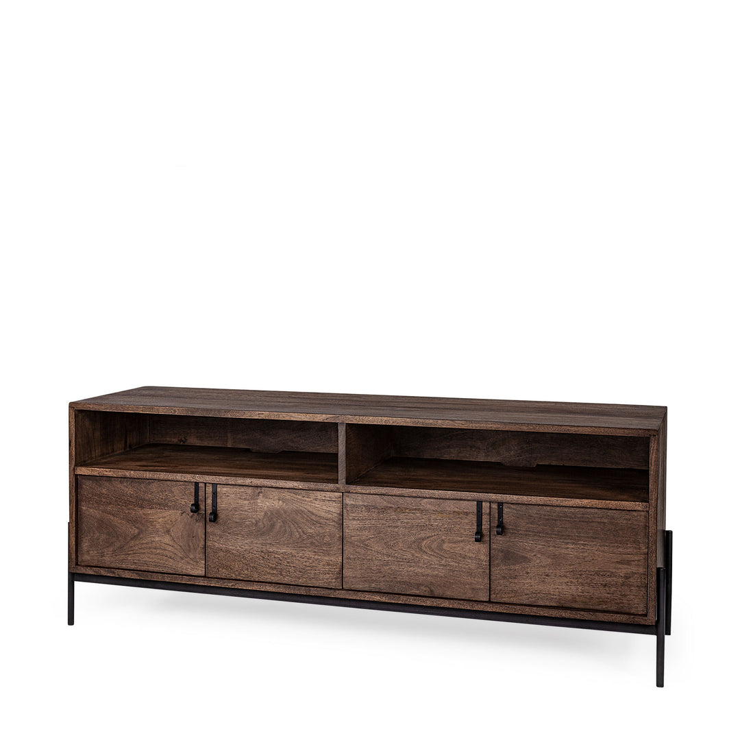 Grier 61.5" Media Console with Storage and Dark Brown Wood Frame with Black Iron Accents - TV stand for TV up to 71"