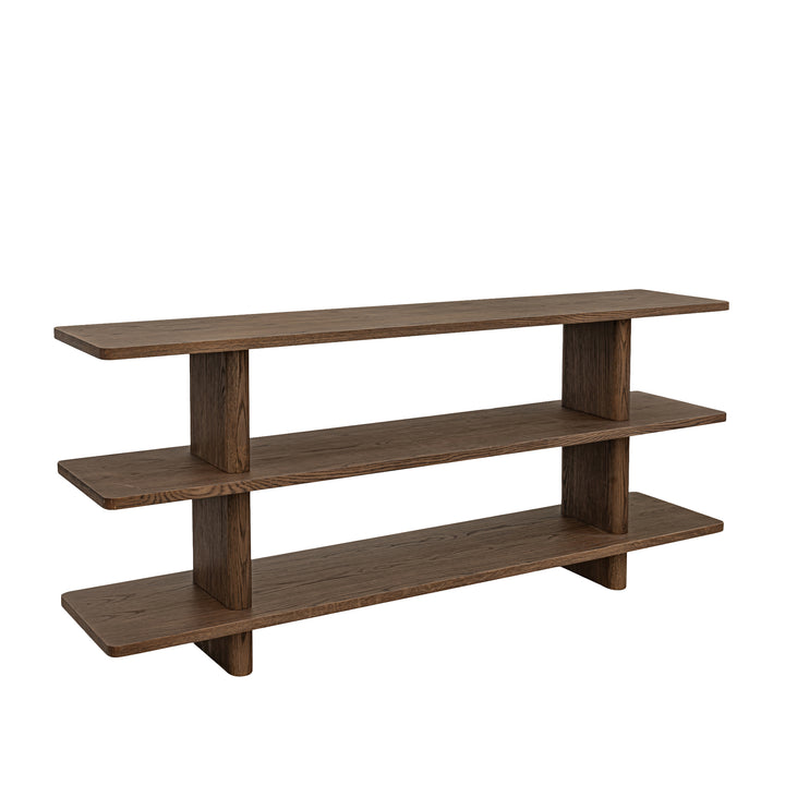 Wooden shelf with three tiers on a white background