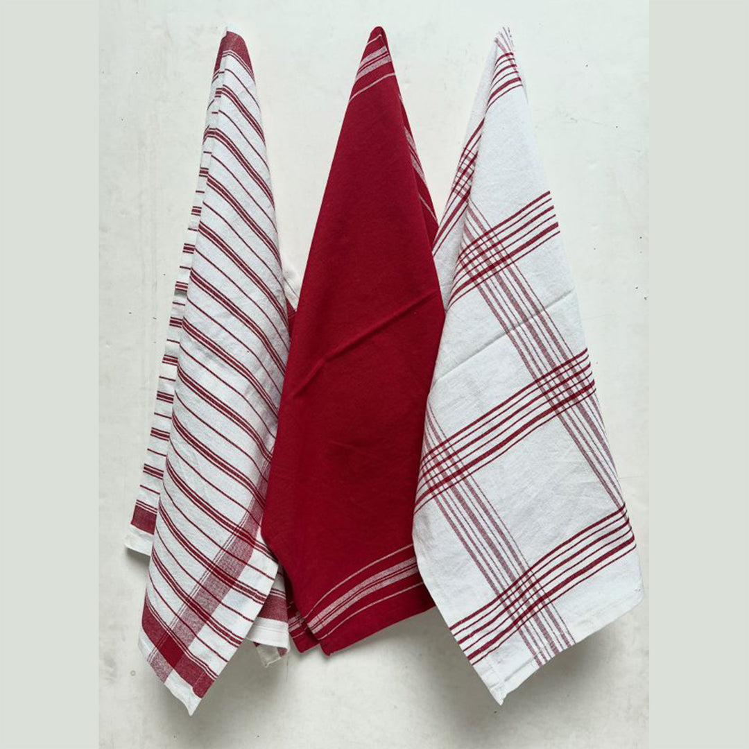 Set of 3 Cottage Red Woven Dishtowels 20x26