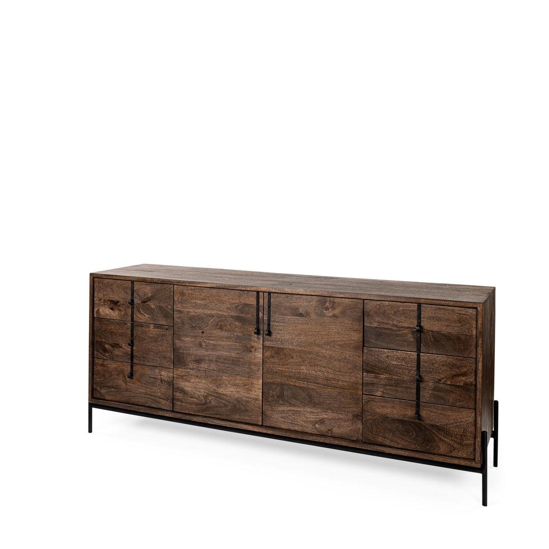 Grier 71.5" Sideboard with Six Drawers and 2 Doors in Dark Brown Wood Frame with Black Iron Accents