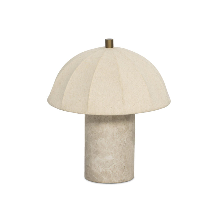 Table lamp with beige shade and marble base on a white background