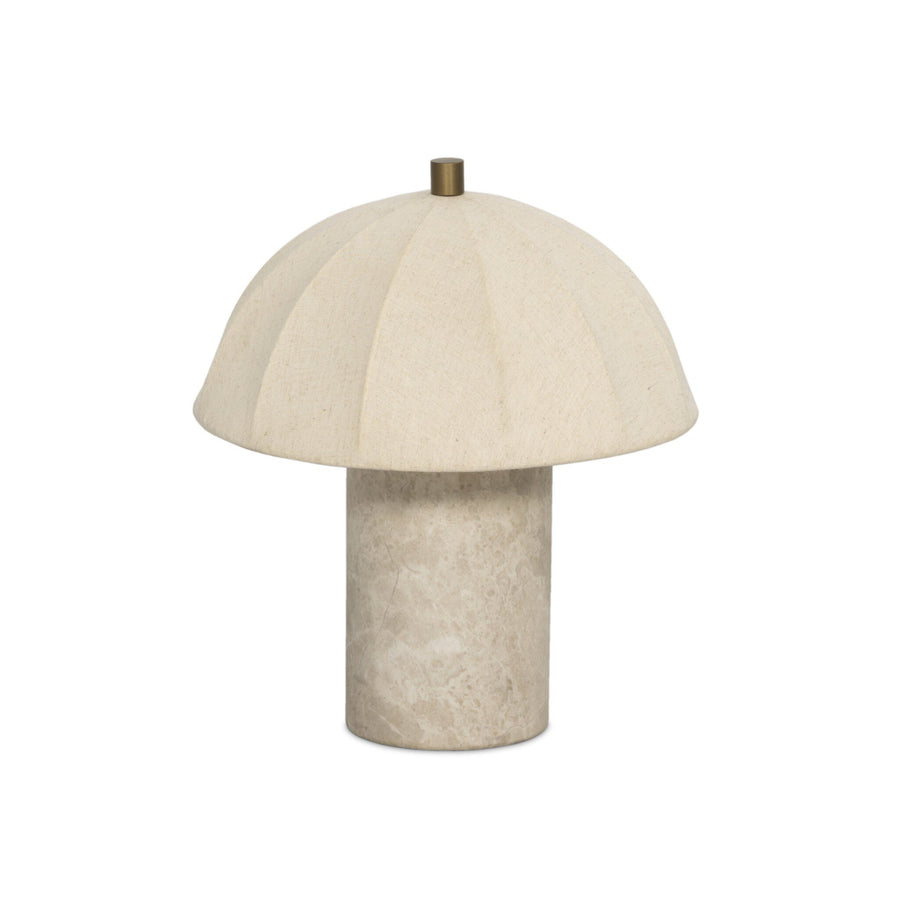 Table lamp with beige shade and marble base on a white background