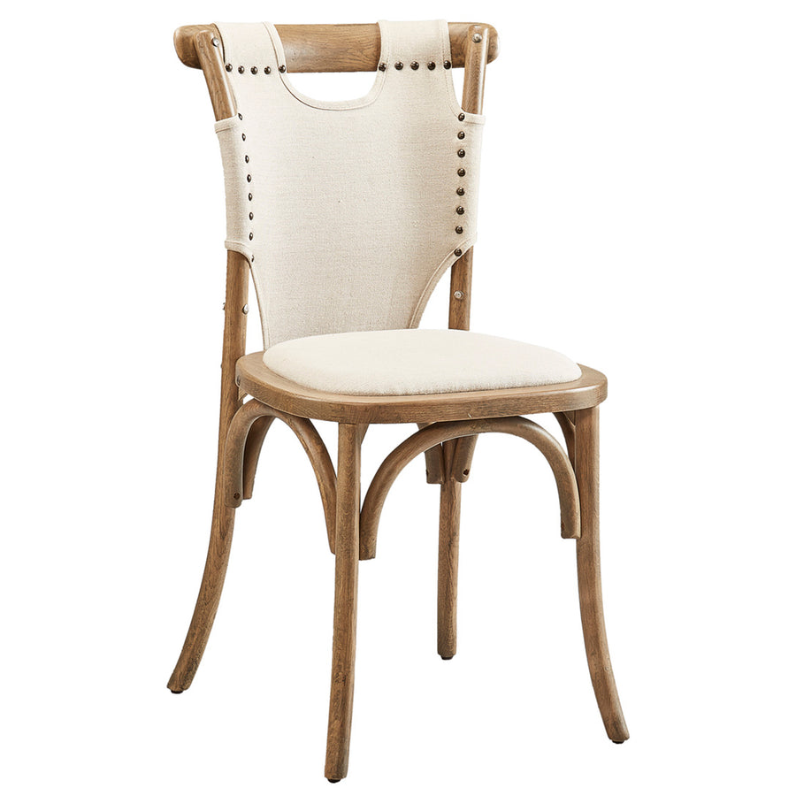 Wooden chair with white cushioned seat and backrest on a white background