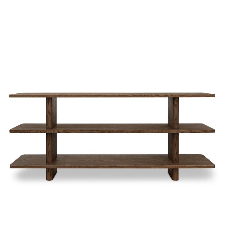 Wooden shelf with three shelves on a white background