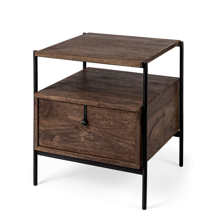 Grier Square Side table with Dark Brown Wood Frame and Black Iron Accents